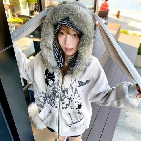 ALIELNOSIRRAH 'Basement Rabbit' Bunny Ears Fur Zip Up Hoodie