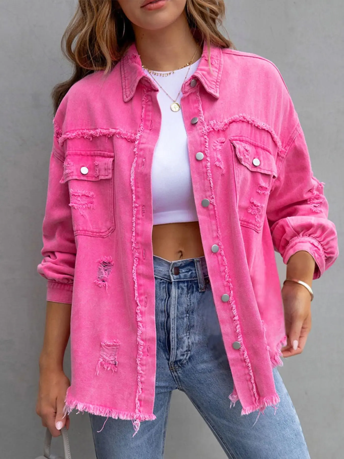 Women's Plain Ripped Raw Hem Button-Front Drop Shoulder Coat Jackets, Casual Chic Pocket Long Sleeve Collared Outerwear for Daily Wear