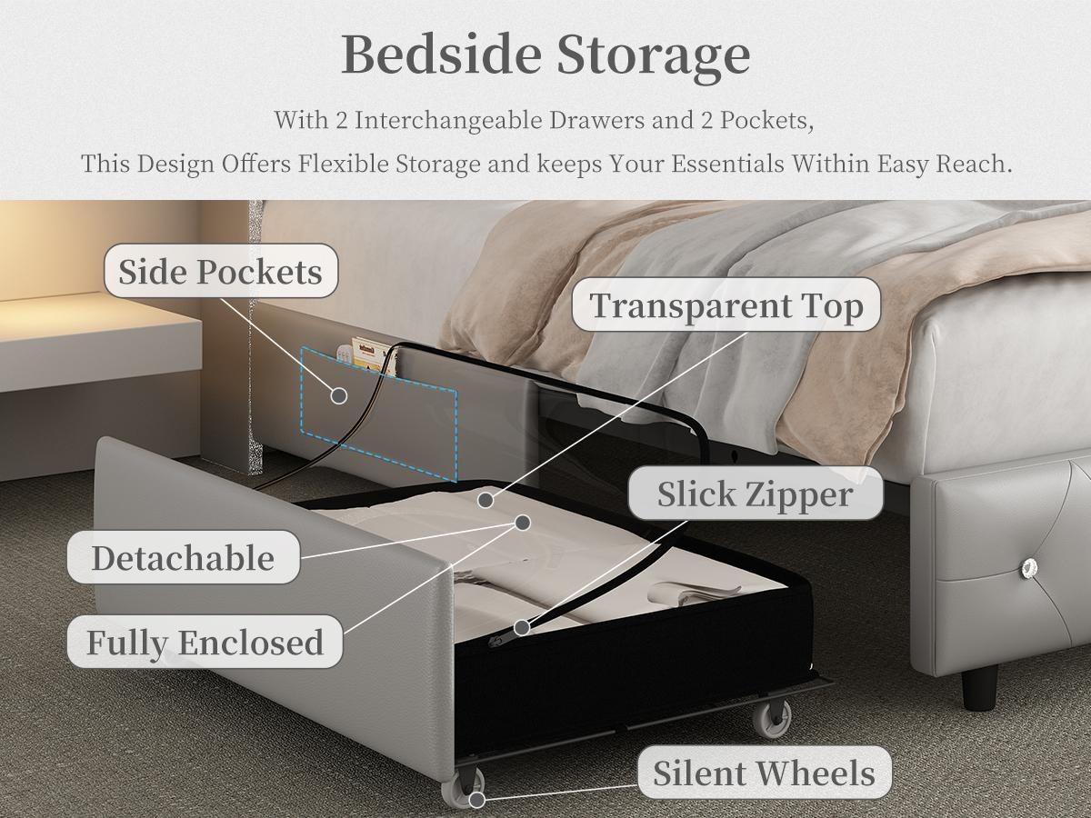 Sibeds Queen LED Bed Frame with Bookcase Storage Headboard, Galaxy Star Projector, 2 Storage Drawers, Noise-Free, Tall Tufted Headboard, No Box Spring Needed, PU Leather Black,Modern Design Home Interior Furniture