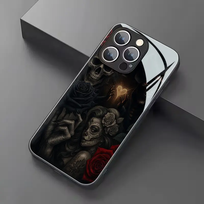 A stylish phone case featuring Gothic skull and midnight rose patterns, compatible with iPhone 17, 16, 15, 14, 13, 12, 11 PRO MAX PLUS, and AIR models, including the latest versions. Scratch-resistant and dustproof, perfect gift for friends and family