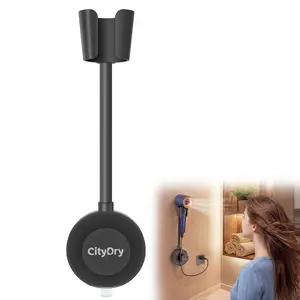 City Dry-Hair Dryer Stand Hands Free Wall, 360 Adjustable Hose Positionable Arm and strong adhesive Suction Cup Hair dryer storage rack for Mirror and Ceramic Tile