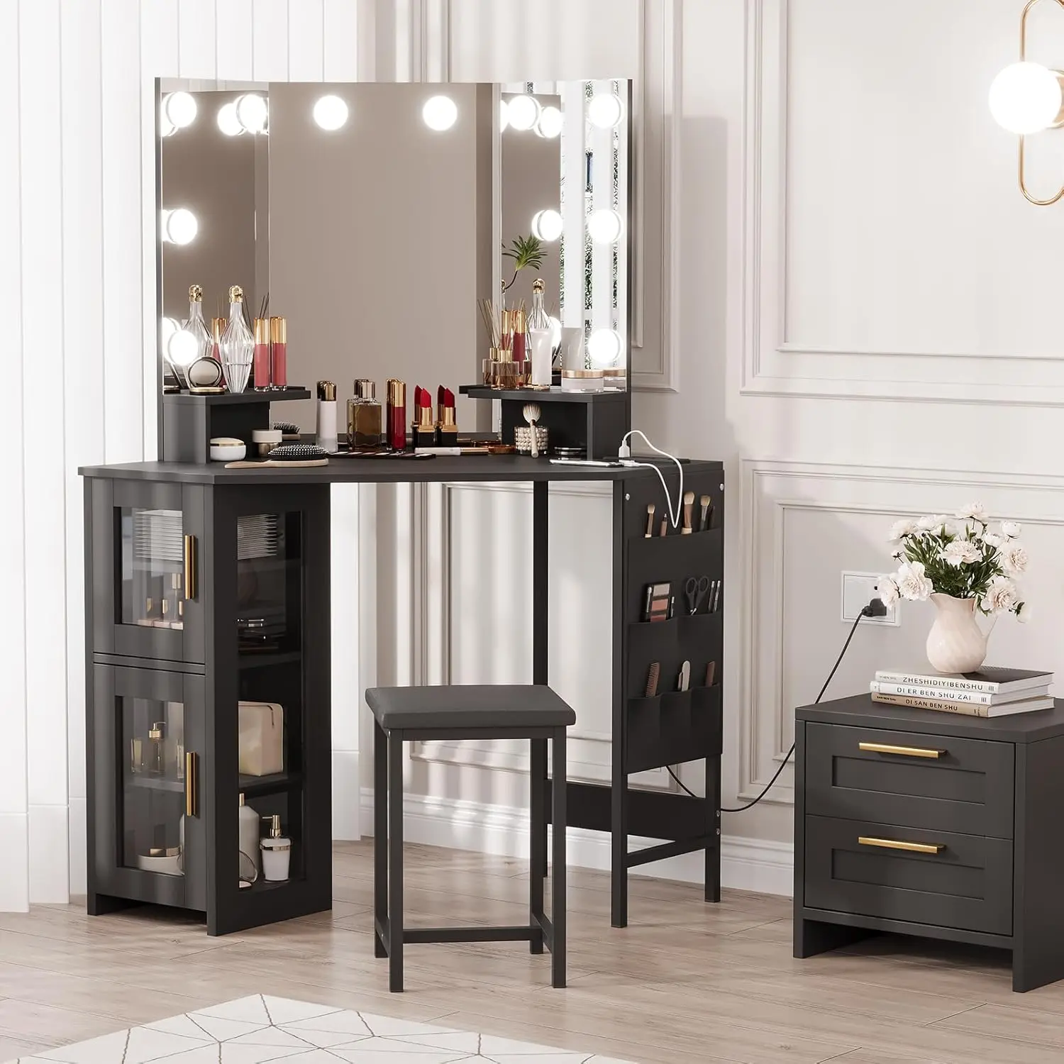 Black Corner Vanity Desk Set - Adjustable Lighted LED Dressing Table with Mirror, Charging Station & Cabinet, Includes Stool for Bedroom, Vanity With Mirror