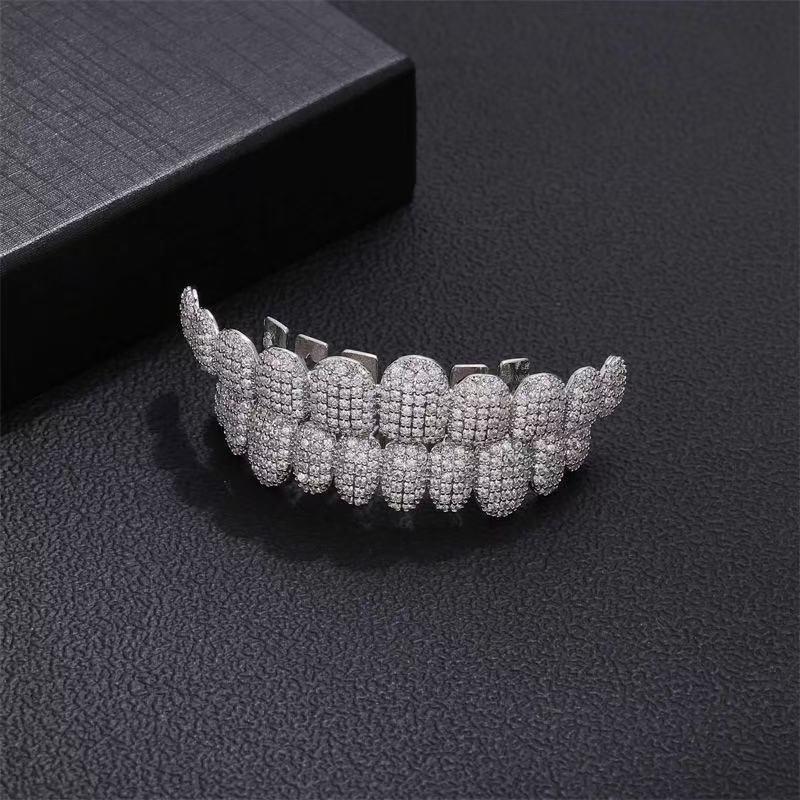 Diamond Grillz unisex 8-Tooth Micro-Paved Zircon Full Coverage Iced Out Luxury Statement Hip Hop Party Nightclub Performance
