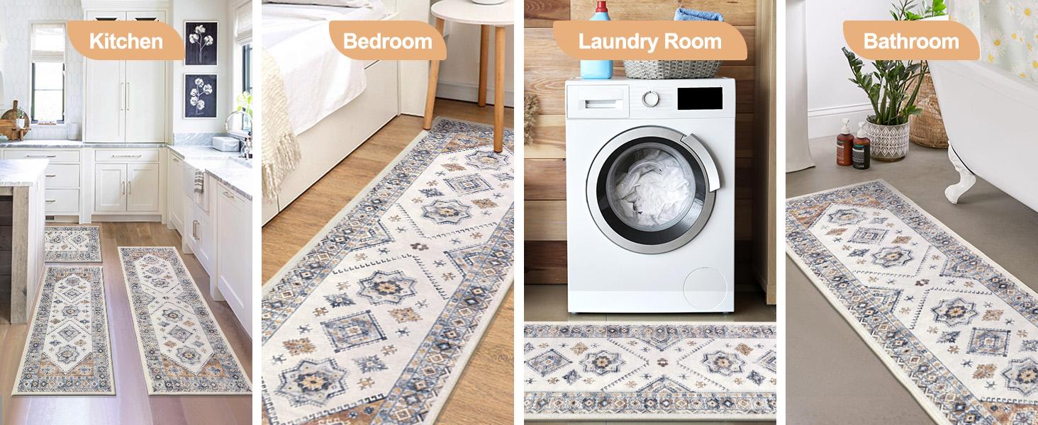 LOKHOM Boho Kitchen Runner Rug Sets 3 Piece Geometric Farmhouse 20x32inch+20x48inch+20x59inch Non Slip Washable Mat for Kitchen Living Room Entryway Laundry Room