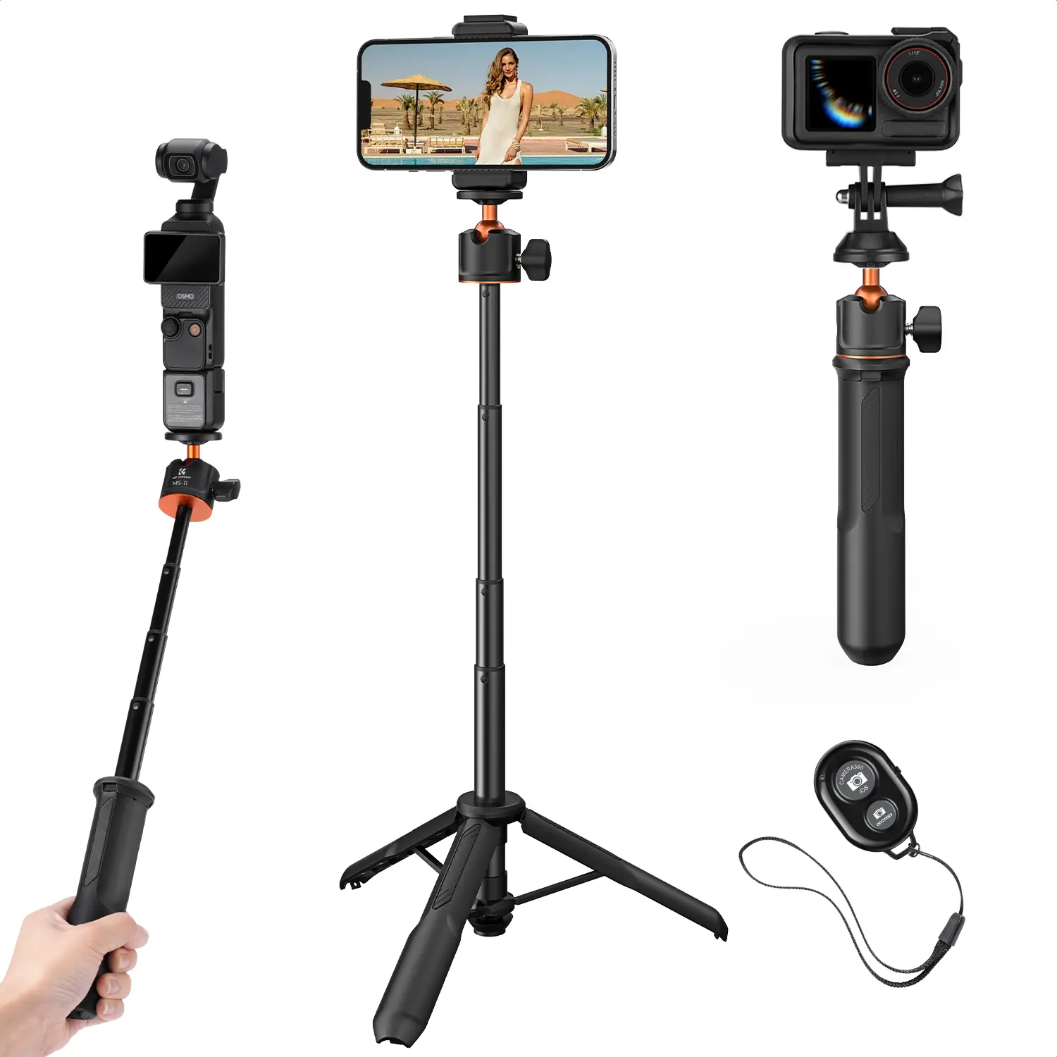 [K&F CONCEPT]All-in-One Extendable Selfie Stick Tripod for Smartphones, GoPro & DJI Cameras & Xtra Muse.60cm/24" Foldable Handle with Ball Head for Vlogging, Live Streams.GoPro Hero 13/12/11/10/9/8/7/Max, DJI Osmo Action 5/4/3, Pocket 3/XTRA/Pocket 4.