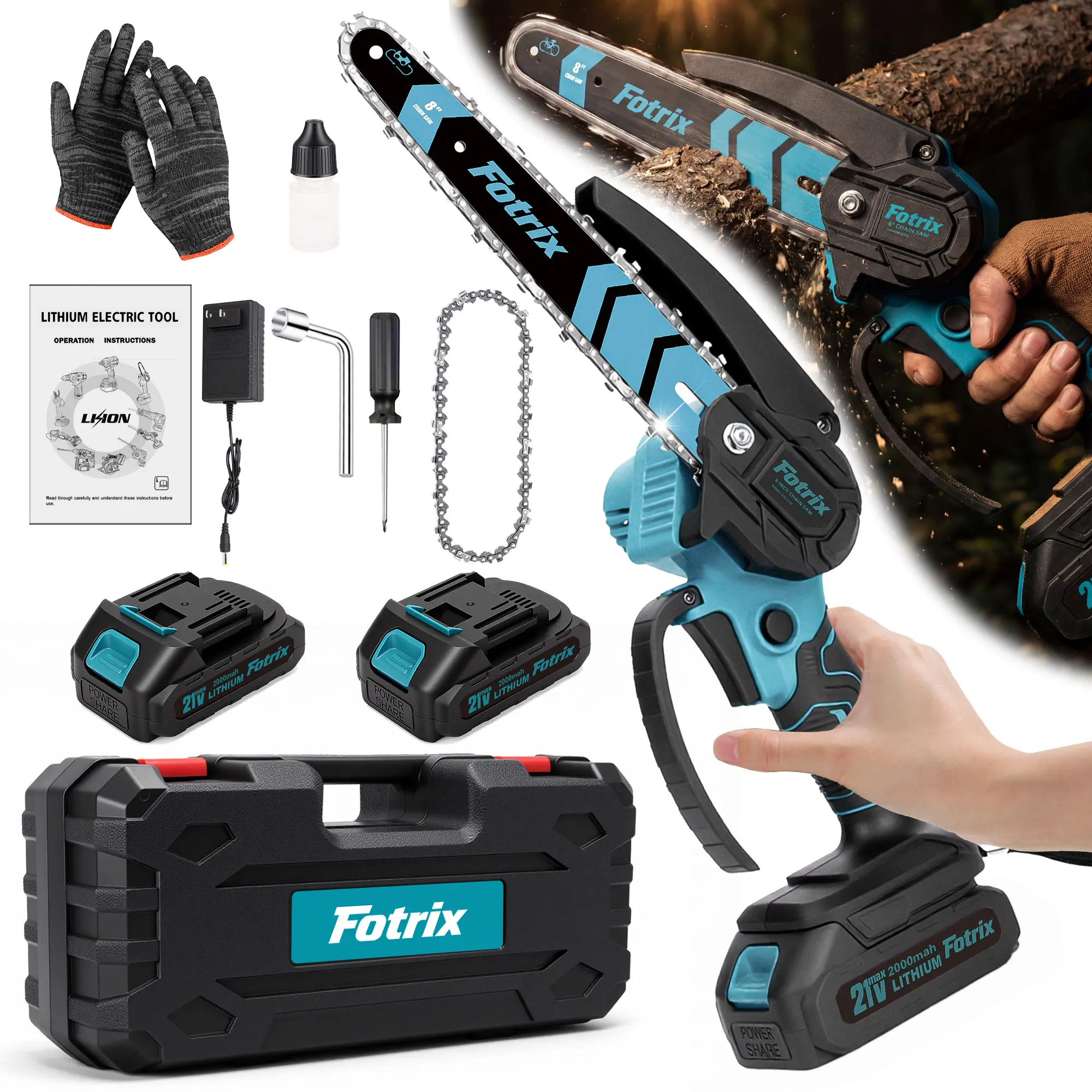 Women's 8-in 2-in-1 Cordless Chainsaw & Mini Chainsaw Set, 2x21V Dual Batteries Included, Metal Lightweight Tool for 8" Log in 7s Fast Cuts, Tree Pruning & Wood Cutting