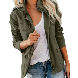 Women's military jacket zipper snap button is lightweight and practical