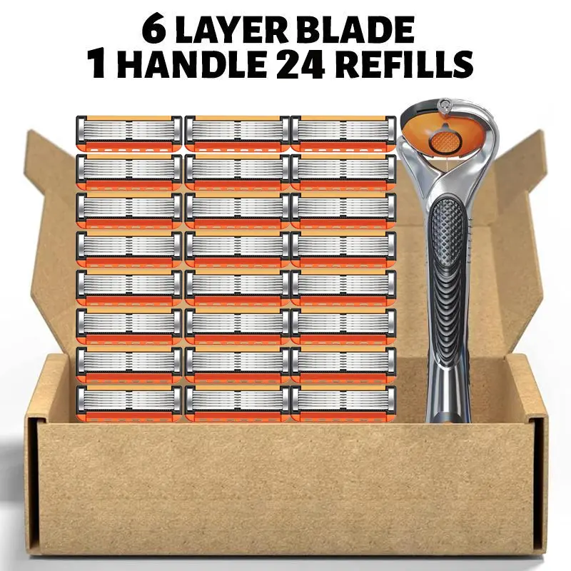 【PSLEE】Men's Razor Blade Replacement Refills with Handle, Available in 24-Blade or 48-Blade Packs, Sharp Head Shaver Blades for Daily Grooming