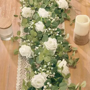 Serra Flora Decorative Artificial Rose & Gypsophila Garland, 6FT (70in) Premium Realistic Flower Vine with White Roses & Eucalyptus, for Wedding Arch Decor, Roses Artificial Flowers