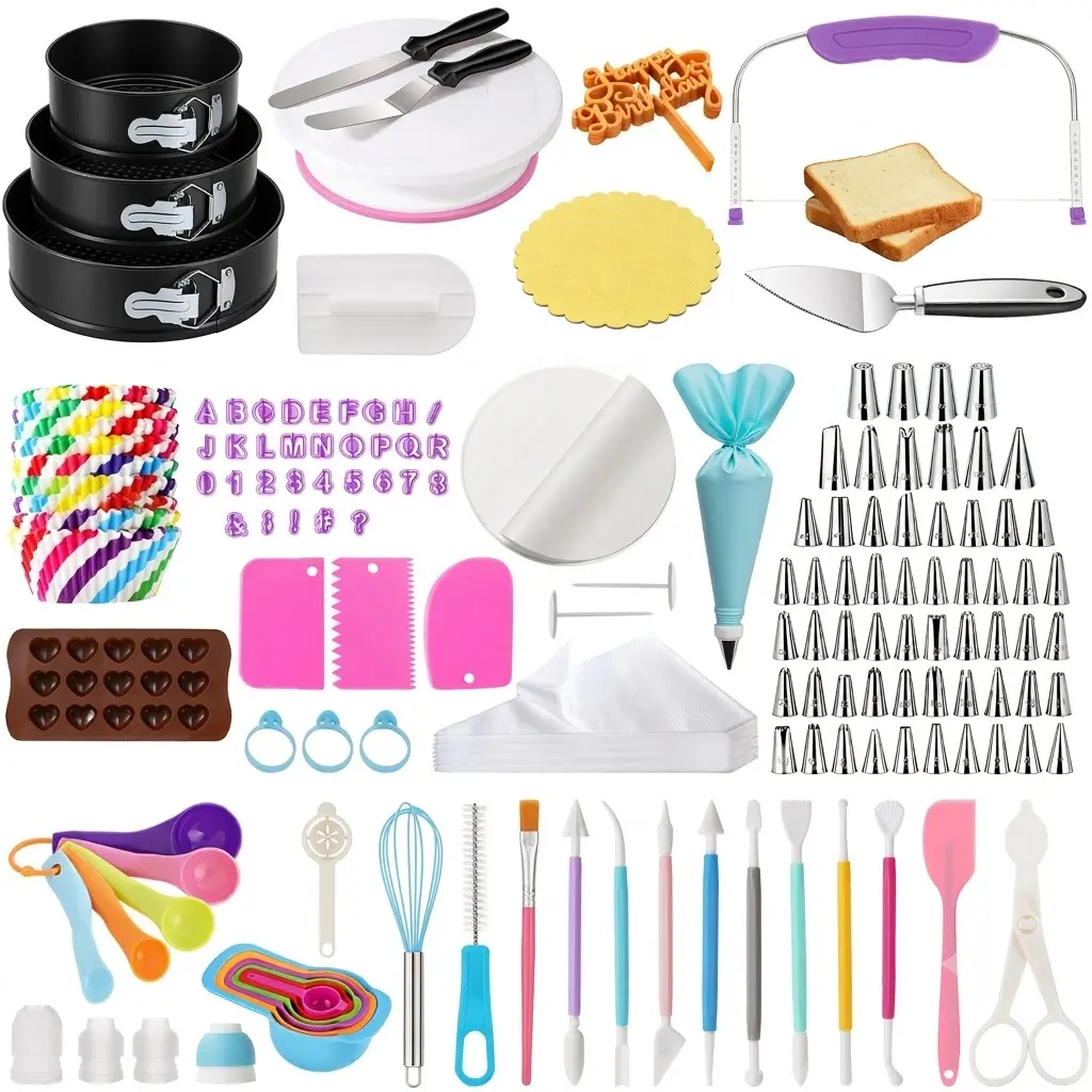 852-Piece Ultimate Cake Baking & Decorating Kit - 3 Non-Stick Springform Pans, 360° Rotating Turntable, 58 Numbered Piping Tips - Stainless, Silicone, Disposable, Measuring Bake Supplies for Beginners & Pros