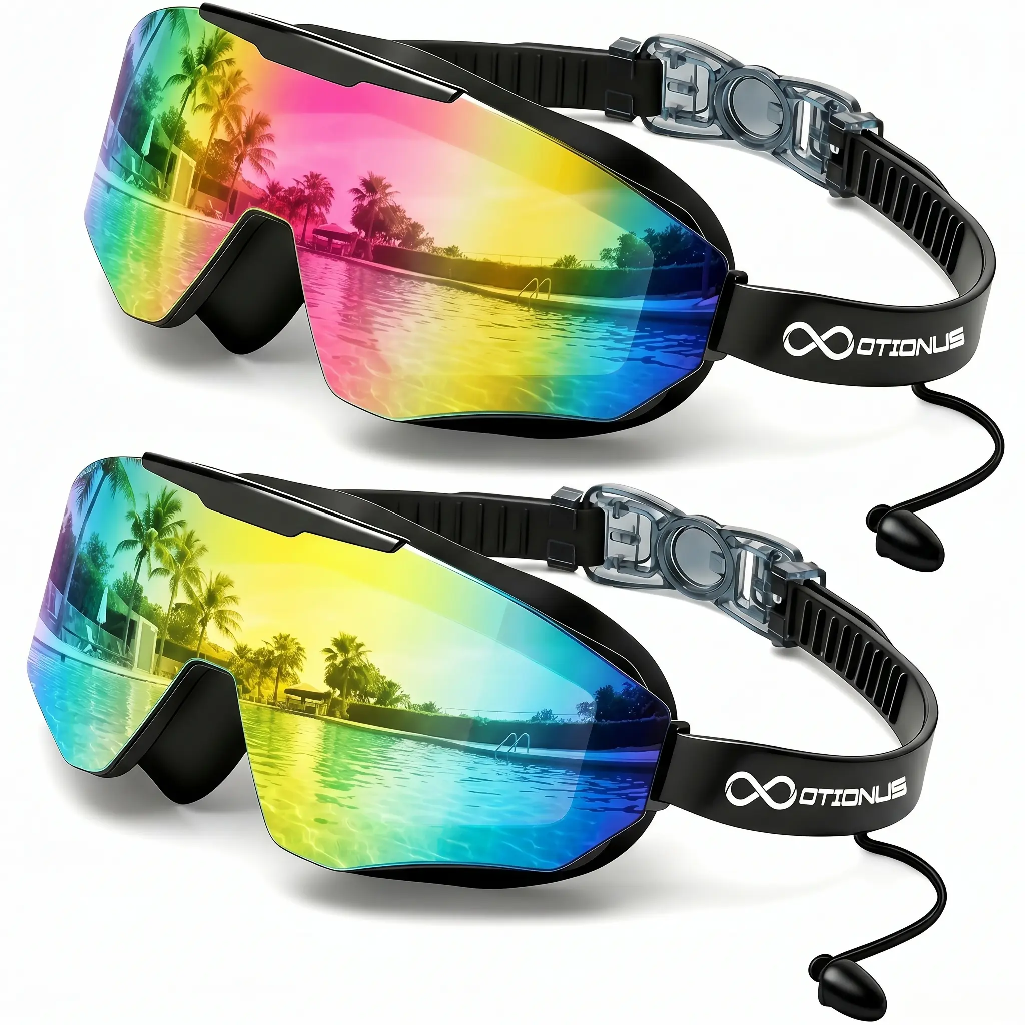 [BackToSchool] Otionus 2 Pack Swim Goggles Adult, Frameless Wide View Swimming Goggles for Men Women, Anti-Fog UV Protection No Leak Pool Goggles with Attached Earplugs for Lake,Beach, Summer Party#tiktokshopsummersale
