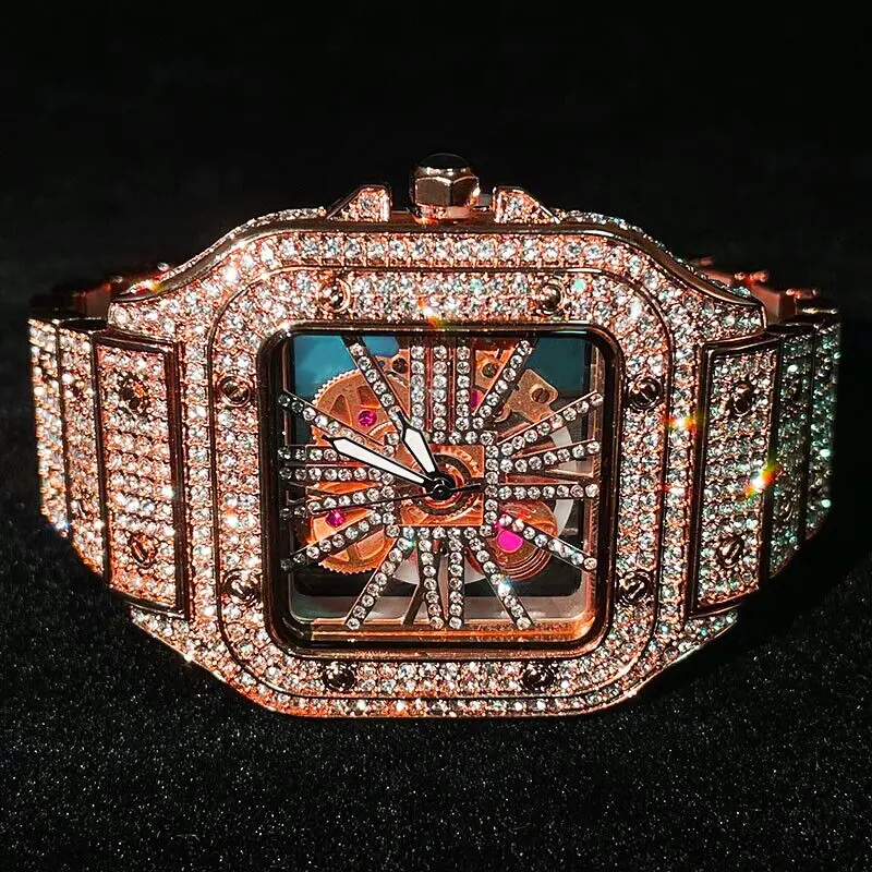 MaxBling81 Men's 40mm Luxury VVS Simulated Diamond Rectangular Iced Quartz Watch - All-Metal, Diamond-Embellished, Clasp, Skeleton Dial, Rose Gold Finish, Removable Links, Analog Display, Casual Style, All-Metal Quartz Watches, Diamond-Embellished Quartz