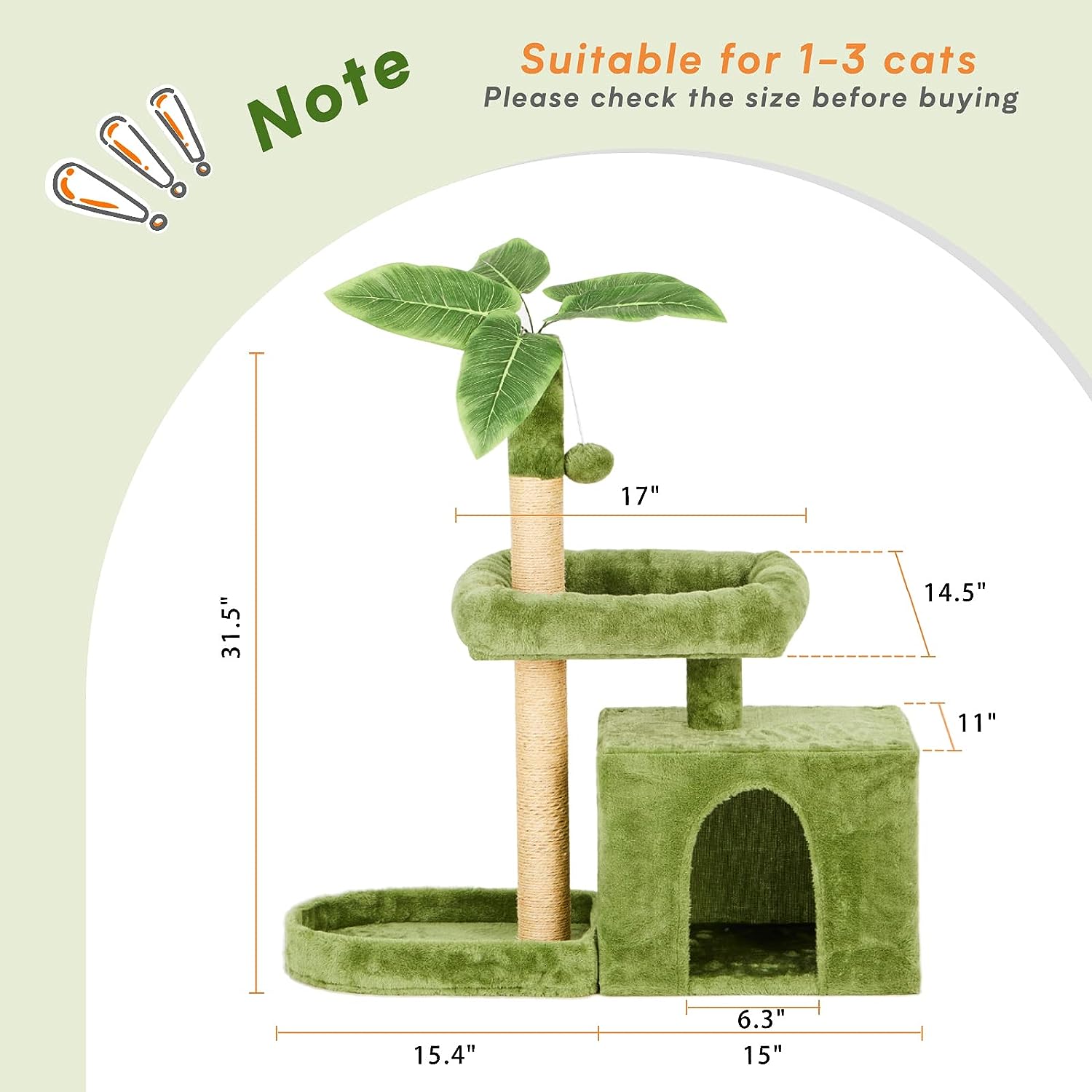 WeCharmer Cat Tree / Tower for Indoor Cats with Green Leaves, Cat Condo Cozy Plush Cat House with Hang Ball and Leaf Shape Design, Cat Furniture Pet House with Cat Scratching Posts Home Enclosed