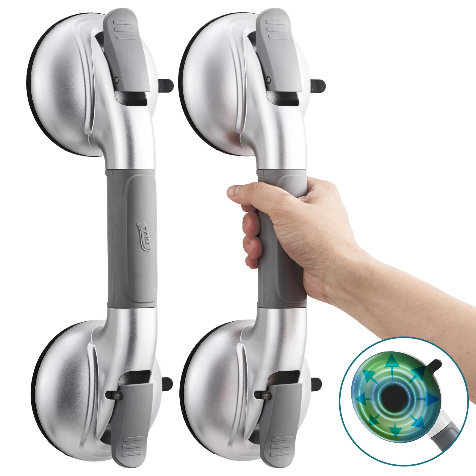 TAILI UPGRADED Shower Grab Bars for Bathtubs and Showers, 2 Pack, Shower Handles for Seniors and Elderly, Suction Maximum 330lbs,Shower Bar with Upgraded Rubber Suction Cups, Safety Grip No Drilling, Removable,Silver