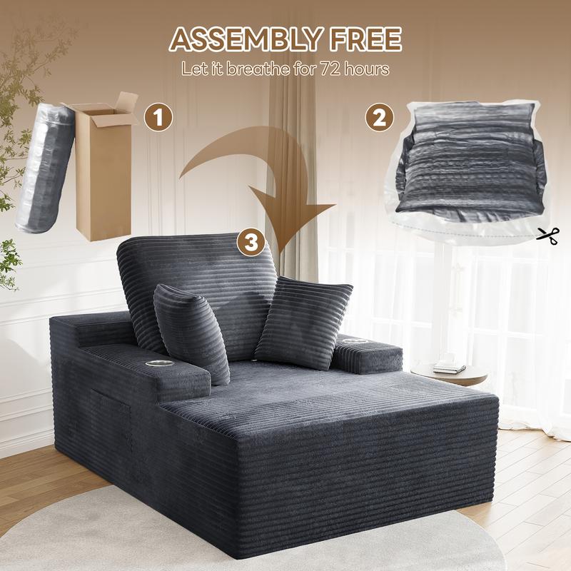 LIKIMIO 49" Oversized Chaise Lounge Sofa Bed with 2 Cup Holders & Storage Pocket - Plush Corduroy Upholstered, No Assembly Cloud Couch for Living Room, Bedroom, or Reading Nook LIKIMIO 49" Oversized Chaise Lounge Sofa Bed with 2 Cup Holders & Storage Pocket - Plush Corduroy Upholstered, No Assembly Cloud Couch for Living Room, Bedroom, or Reading Nook
