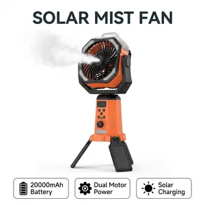 20000mAh Portable Camping Fan with Misting & LED Lantern – Dual Motor, Aromatherapy Box, Solar Charging, Remote Control, Stepless Speed, 360° Rotation, USB/Type-C Fast Charging, Stand or Hang for Outdoor Travel