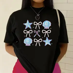 Ocean Bows Starfish Seashell Tee Summer Edgy-Cute Top 100% Cotton Unisex Classic Fit Soft Comfy Womenswear Short Sleeve Medium Length