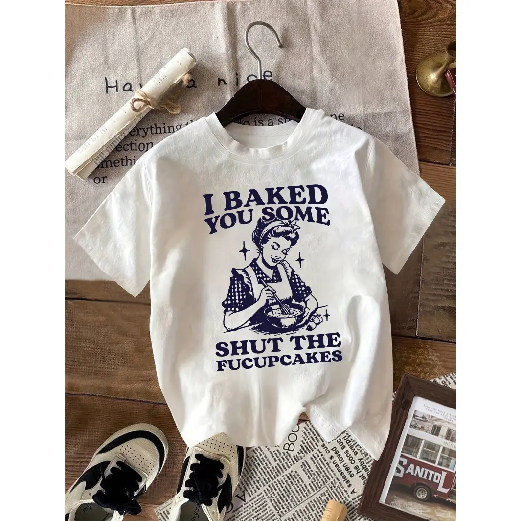 Women's Cotton Tee - Funny Vintage Baker Girl Graphic, Round Neck, Short Sleeve, Everyday Fabrics, Casual Summer Lady Top for Baking Lovers (Sports & Outdoor Clothing), Soft