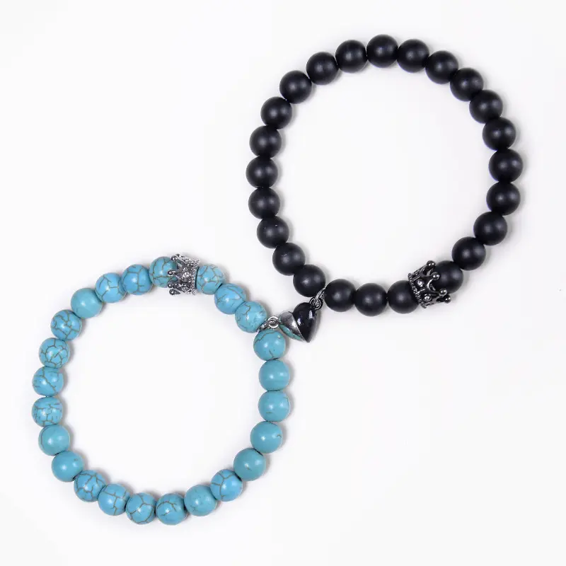 His & Hers Magnetic Beaded Bracelets Set - Crown Charms, Stone Beads, Metal-Coated Magnetic Bangle Jewelry, 6.6-8.2 in Elastic Length, Daily Casual Wear, Valentine Gifts, Birthday Anniversary Couple Gift, Heart Bell with Love Magnetism