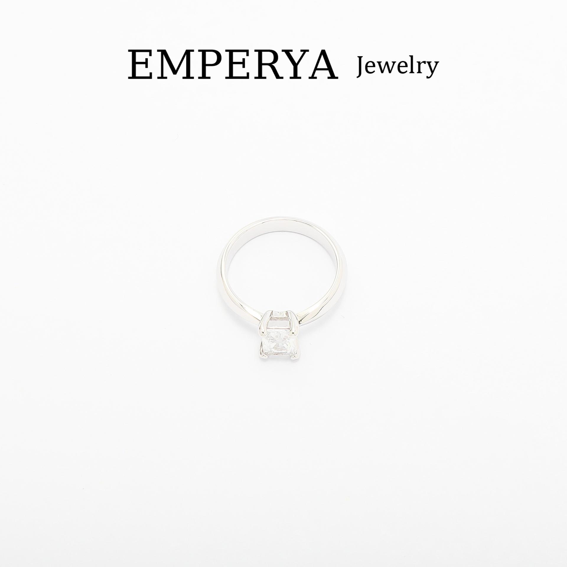 EMPERYA Silver Tone Minimalist Rectangle Cut Solitaire Ring | Classic Clear Stone Engagement Band | Sleek Polished Wide Shank Statement Ring | Timeless Jewelry for Women