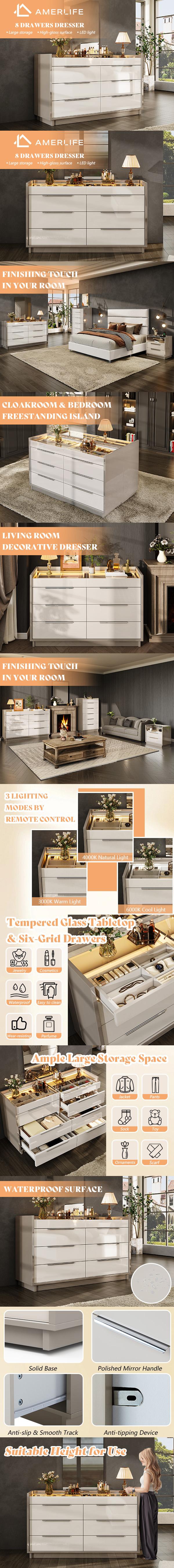 AMERLIFE Modern LED 5/8 Drawer Dresser Set with Glass Tabletop, Jewelry Storage, Lift-Top Mirror & High Gloss Finish for Bedroom, Living Room, Dressing Room,Best Gift Ideas/Christmas Gifts