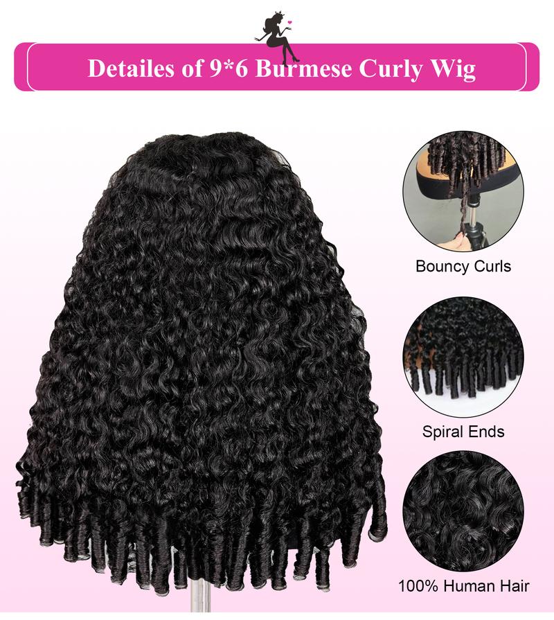 [New In] BGMgirl Burmese Curly 9x6 Lace Glueless Spiral Ends Wear Go Draw-strings Wig 180% Density Fluffy Look Pre-Bleached Tiny Knots Pre-Plucked Natural Hairline Human Hair Wig Beginner Friendly eve valentines day gift
