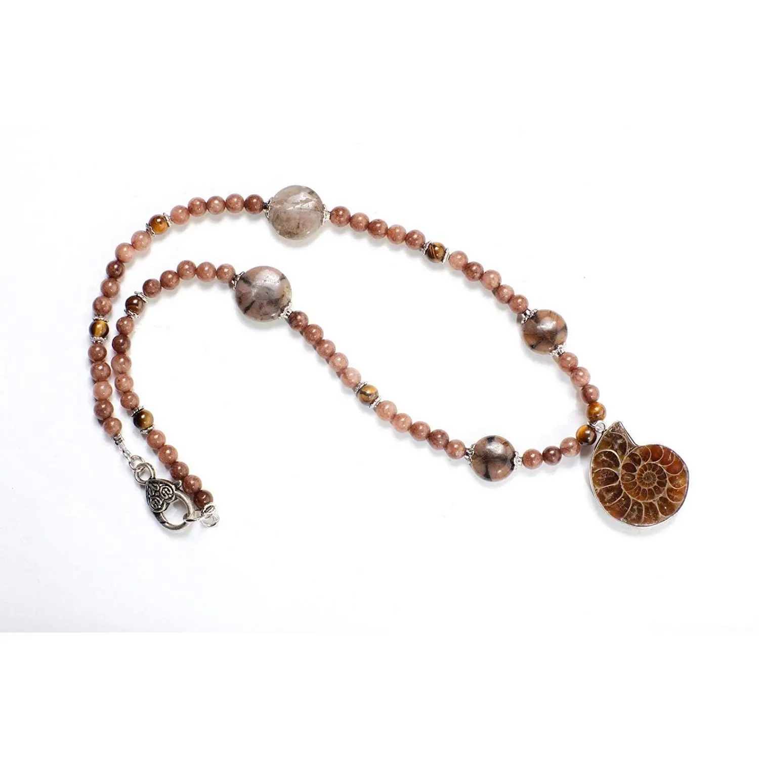 Ammonite Fossil Bezel Pendant Necklace Chiastolite Bead Spacers, Tiger Eye, Brown Jasper Round Bali Style Toggle Clasp 20" vintage Necklace