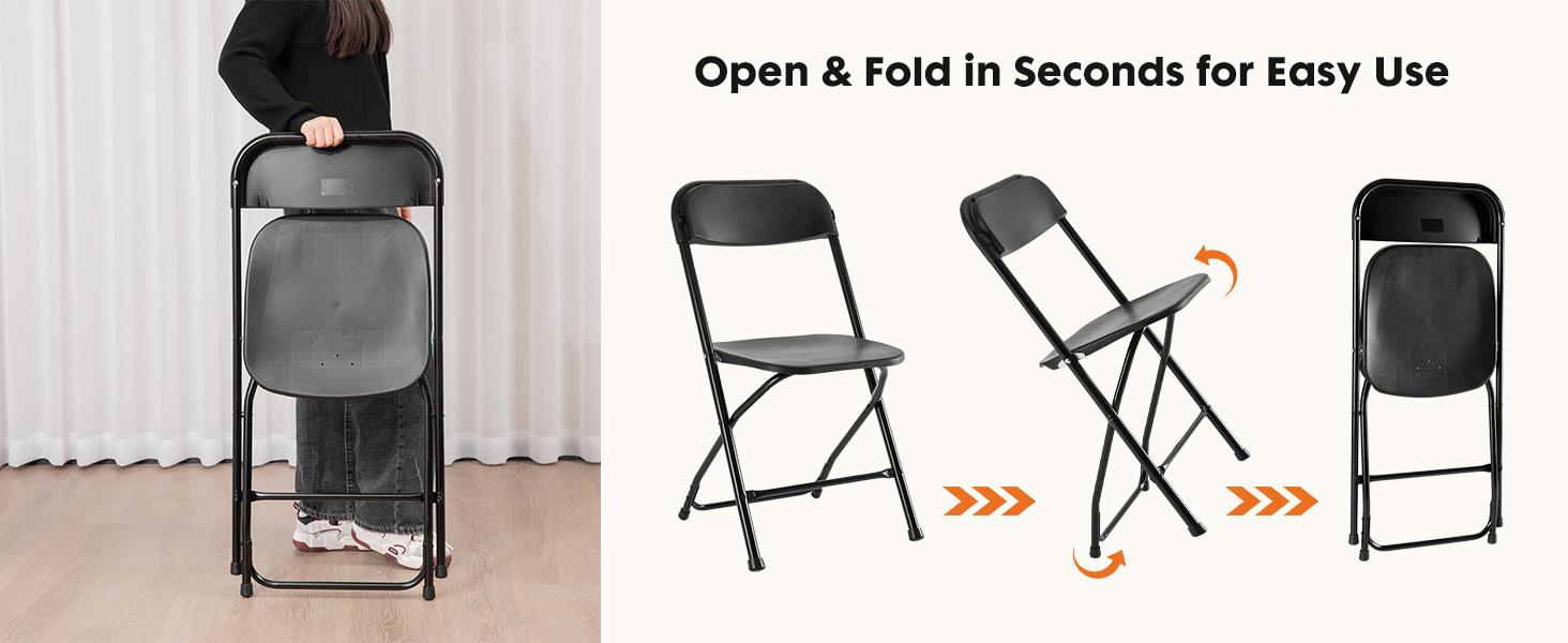 Folding Chair, Plastic Foldable Chairs with 330-Pound Capacity, Sturdy Metal Portable Chair, Easy to Use and Store, Outdoor and Indoor, for Home, Office, Party