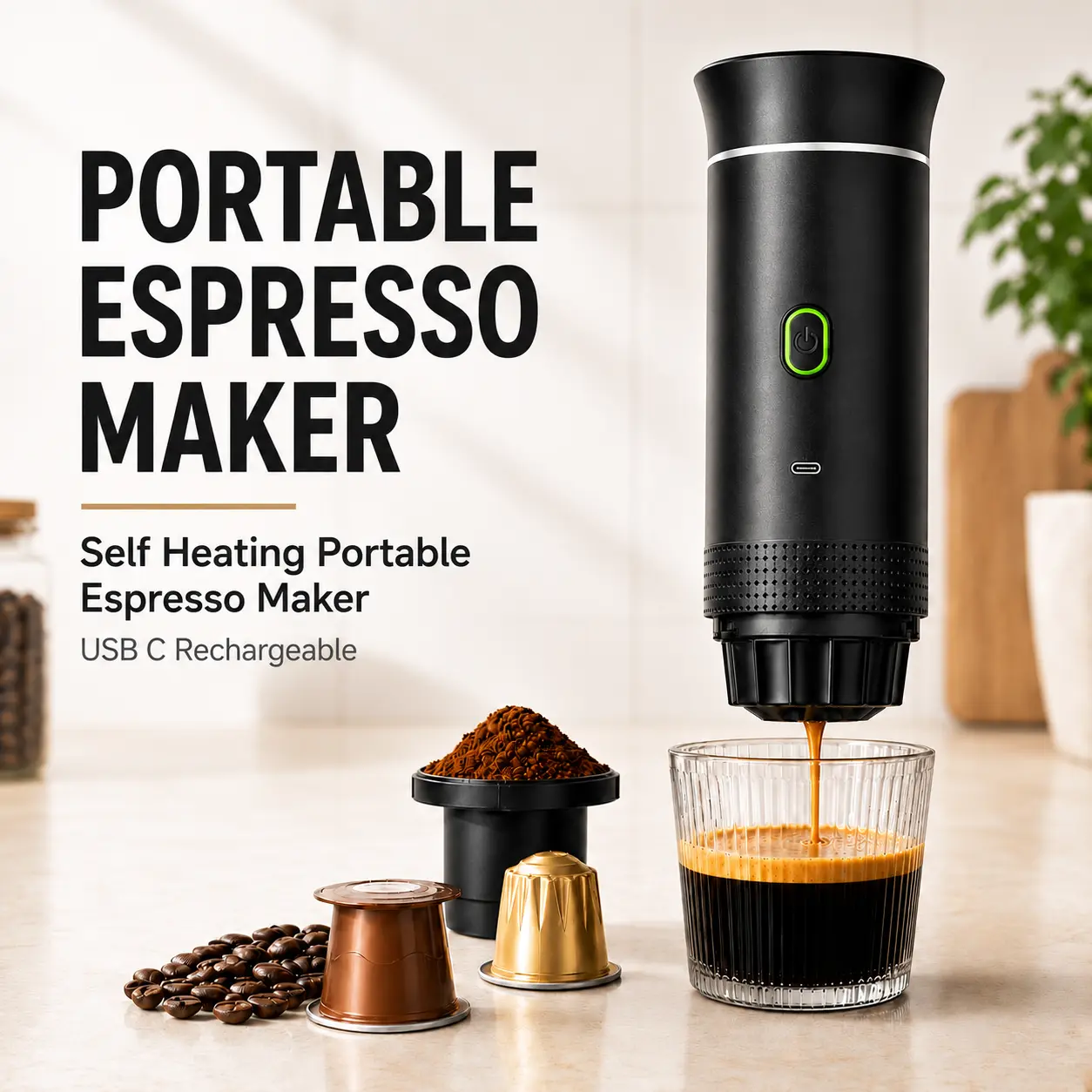 MIUVA Portable Espresso Maker Self Heating Travel Coffee Machine USB C Rechargeable Compact Coffee Maker for Camping RV Office Ground Coffee Capsules Father's Day Gifts