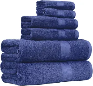 6-Piece Fade-Resistant 100% Cotton Towel Set, Soft and Absorbent, 2 Bath Towels, 2 Hand Towels, 2 Washcloths, Navy Blue, Unisex