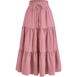 Floral Maxi Skirt for Women Summer Comfy Tiered Elastic High Waisted Skirts Vacation A-Line Flowy Swing Long Skirts