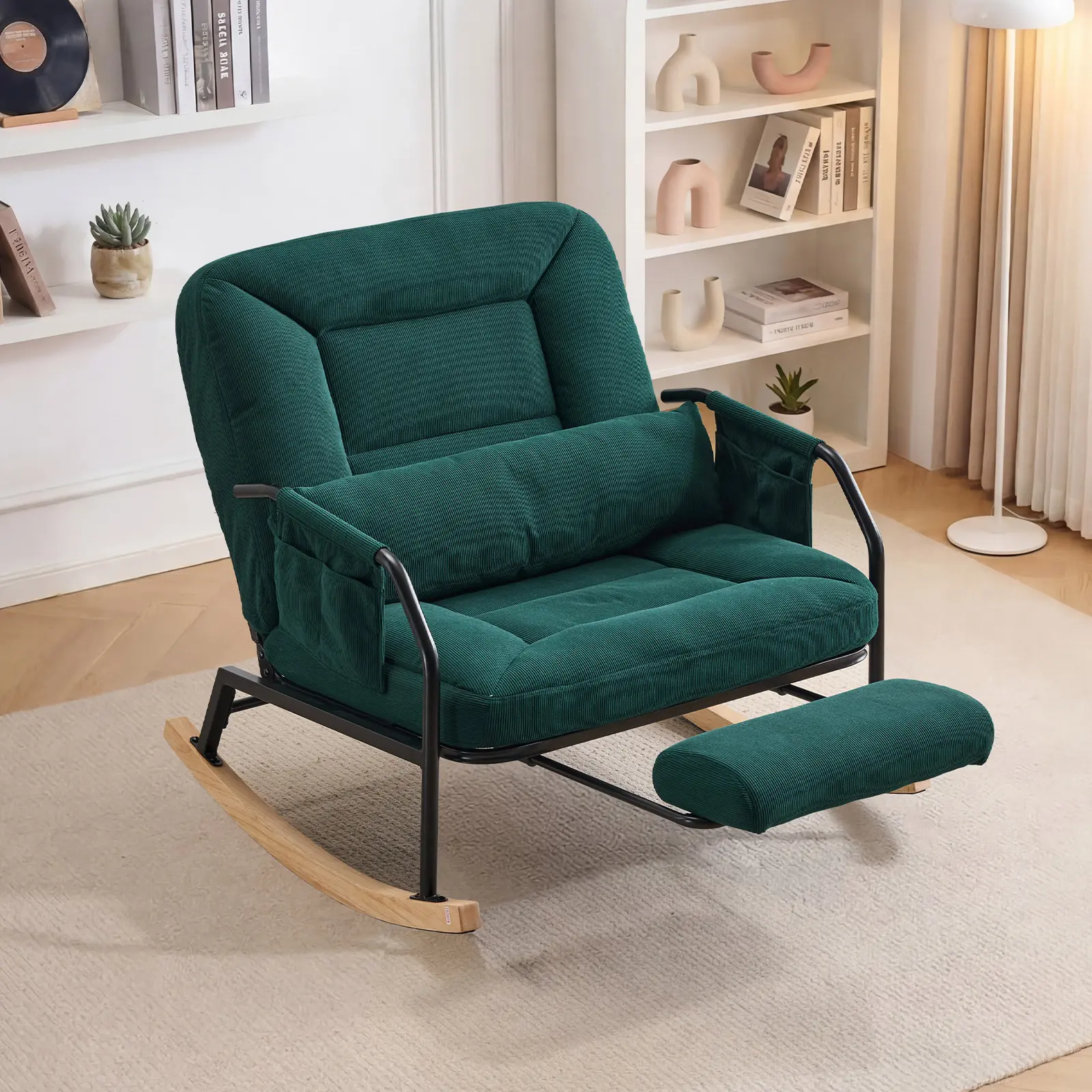 Oversized Reclining Rocking Chair with Footrest | Cozy Corduroy Glider Lounge Chair for Nursery, Living Room & Patio (5 Aesthetic Colors)