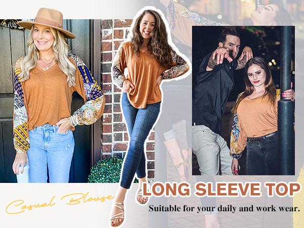 Boho Tops for Women Long Sleeve Fall Bohemian Casual Loose Fit Shirt Hippie Western Dressy Blouses