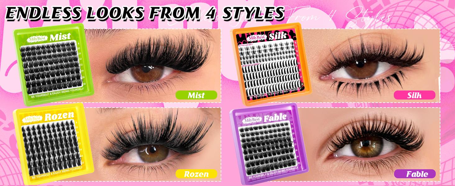 MilyBest 4Style Mini Boxes,1 Set Mixed Length Individval Eyelash Extensions Kit,Self Grafting False Eyelashes with Tweezers&Glue&Remover,Prefessional Eye Makeup Accessories for Women