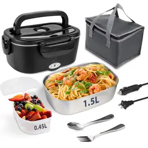 Electric Lunch Box, 12V/24V/110V Portable Food Warmer with SS Fork & Spoon for Car/Truck/Office, 80W Self Heating Lunch Box with 1.5L Container & 0.45L PP Fruit Box Matte Black