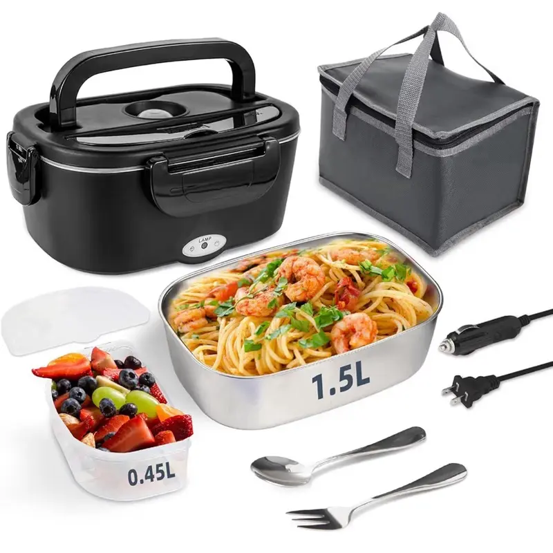 Electric Lunch Box, 12V/24V/110V Portable Food Warmer with SS Fork & Spoon for Car/Truck/Office, 80W Self Heating Lunch Box with 1.5L Container & 0.45L PP Fruit Box Matte Black