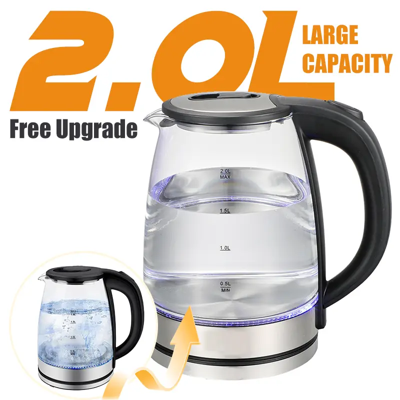Electric Glass Lid Teakettle - 1.8L/2.0L Family Kitchen Supplies with 304 Steel Safe, Wide Opening, Blue LED Heat Cue, Auto Shutoff 30s, Boil-Dry Protection, 1-Touch Operation, Easy to Clean, Black Household Kettle & Jug, Food‑Grade Glass