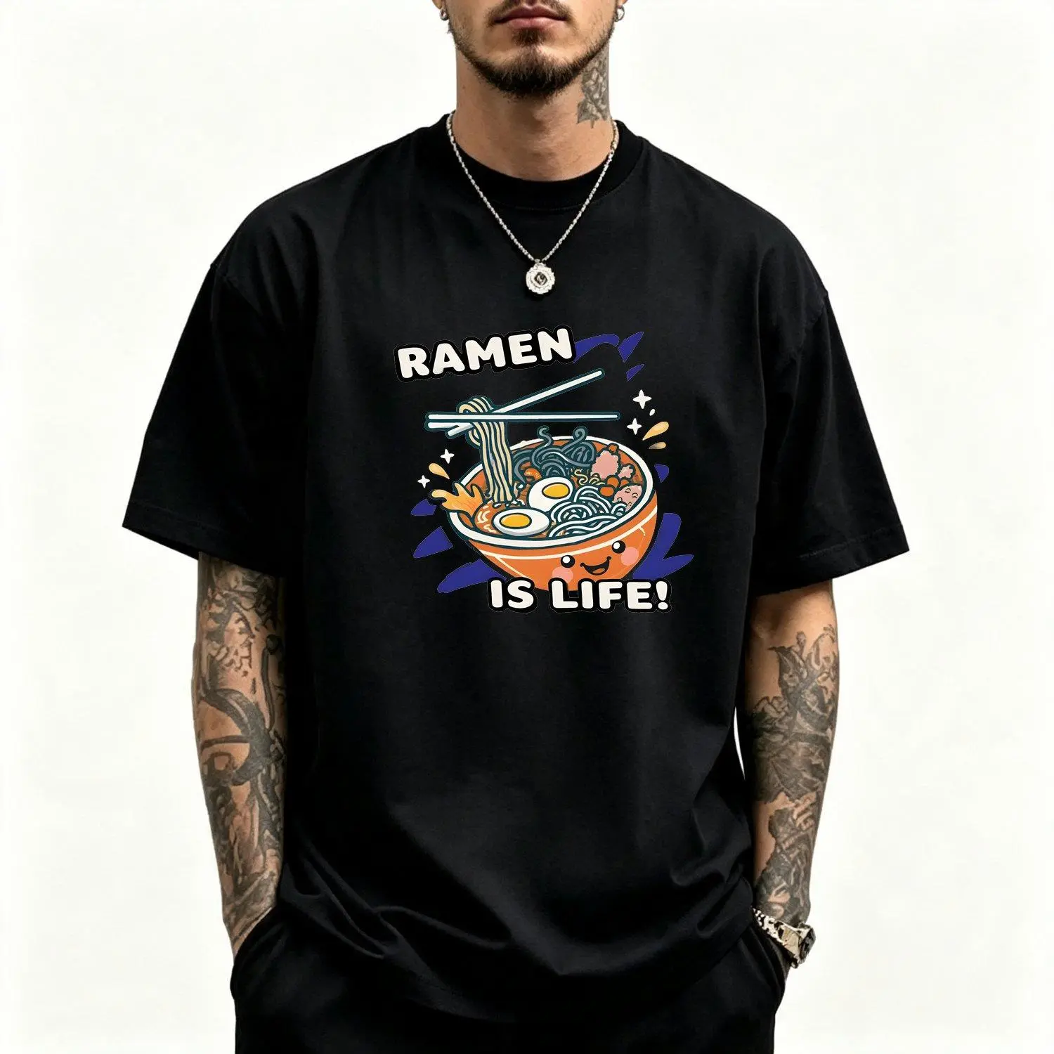 Men's Short Sleeve Sports T Shirt Y2K Ramen Is Life Graphic Tee with Noodle Bowl and Smiling Face Print Crew Neck Casual Summer Athletic Top Machine Washable Gift Suitable for Food Lovers Ramen Bowl Apparel