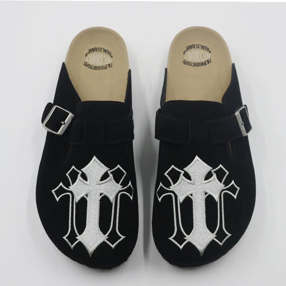 MECKMANLY Men's Black Closed-Toe Flat Clog Shoes - Mules with Arch Support, Cork Footbed, Adjustable Metal Buckle, EVA Sole for All-Season Walking Comfort