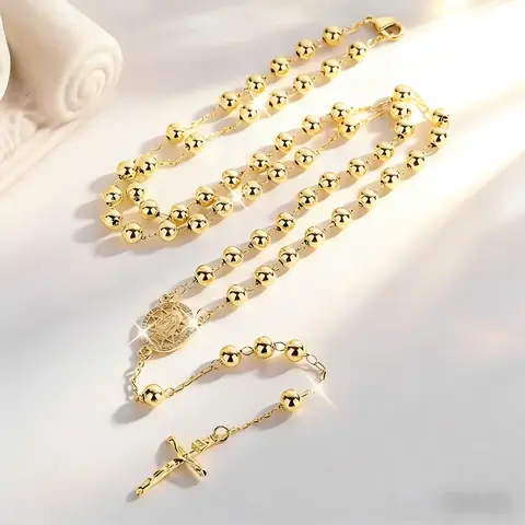 Fashion Hollow Our Lady of Guadalupe Pendant Rosary Necklace, 14K Gold-Plated 6mm Round Bead Chain, Sacred Religious Jewelry for Daily Prayer & Holiday Gifts