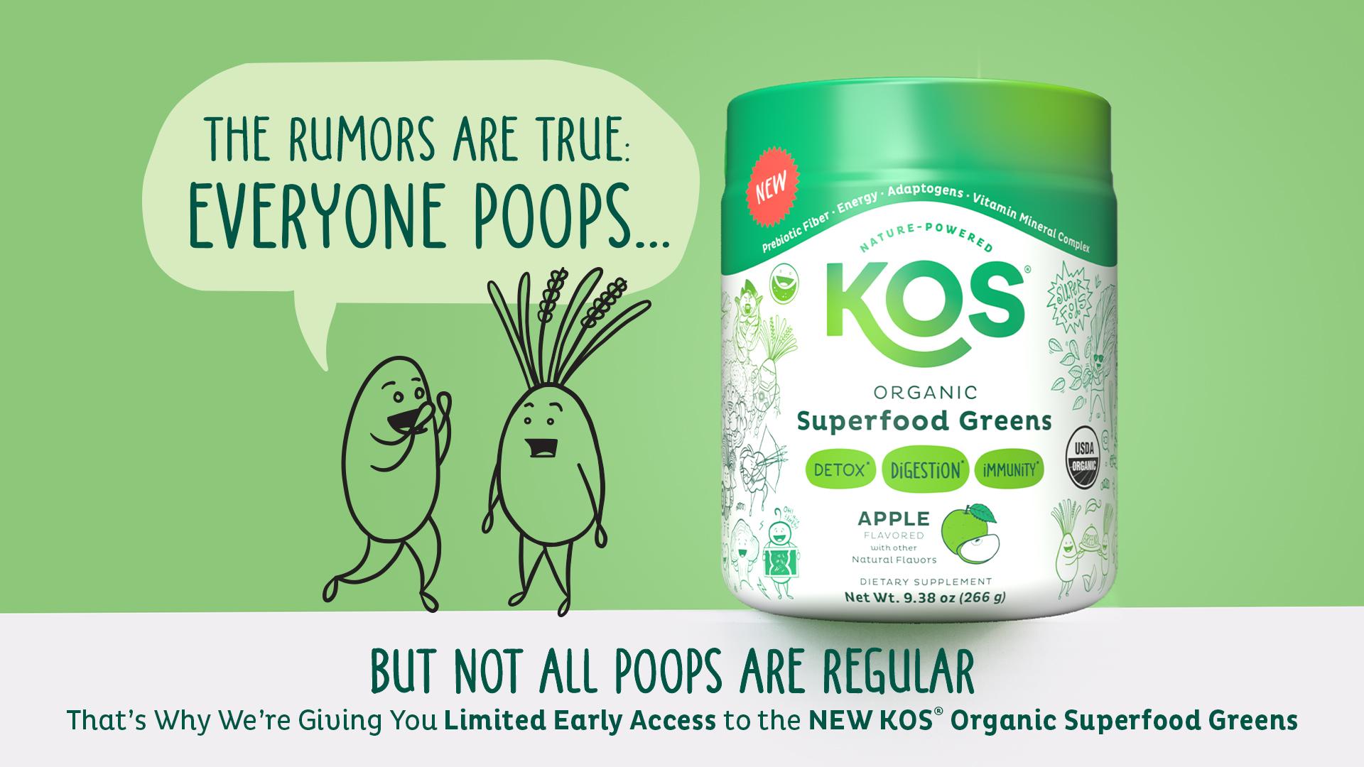 KOS Organic Superfood Greens Apple Flavor - 28 Servings USDA Certified Prebiotic Fiber Adaptogenic Mushroom Blend Gut Health Supplement - Vitamin