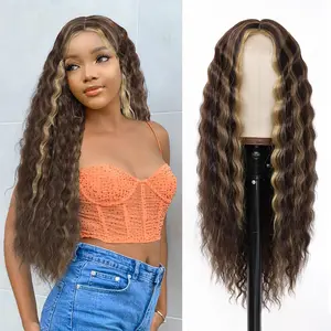 Synthetic Curly Wig 28 Inch Honey Blonde Skunk Stripe Wig Long Curly Wigs for Black Women Deep Wave Synthetic Lace Front Wigs