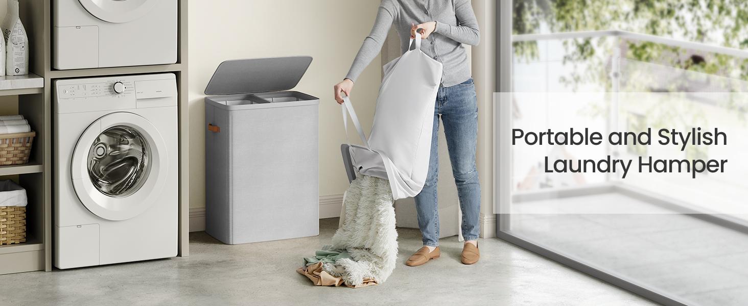 SONGMICS Laundry Basket, 44.9 Gal. Laundry Hamper, 2 Compartments, Easy Assembly, with Lid and Handles, Removable Inner Bags, Joseph