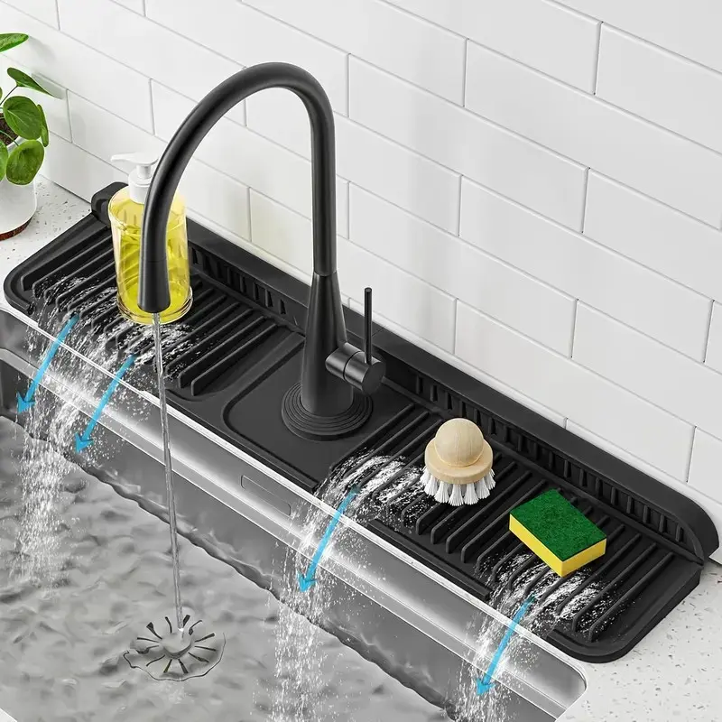 24-Inch Extra Long Food-Grade Silicone Sink Mat Draining Board - 7° Slope Self-Draining Splash Guard, Non-Slip Scratch-Resistant Water Catcher Pad, Compact Design for Kitchen Sink Counter Protection, Kitchen Cleaning, Bathrooms, Dishwasher Safe, Kitchen A