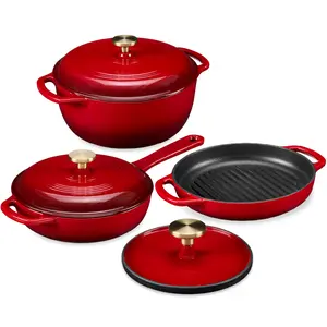 Best Choice Products 6-Piece Enameled Cast Iron Cookware Set, 6QT Dutch Oven W/ Lid, 2QT Skillet W/ Lid, Grill Pan, Grill Press