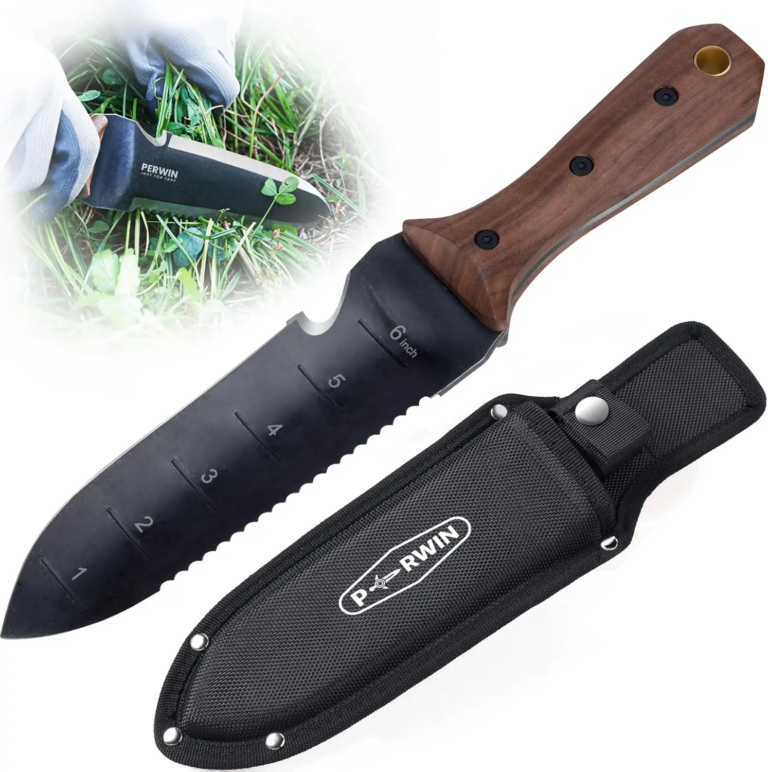 Hori Hori Garden Knife with Sheath, 7" Stainless Steel Full Tang Blade Gardening Tool for Weeding, Planting, Digging, Heavy Duty Wooden Handle, Measuring Scale, Hanging Hole, Efficient Gardening for Gardeners, Cutting Roots, 7-Inch Blade