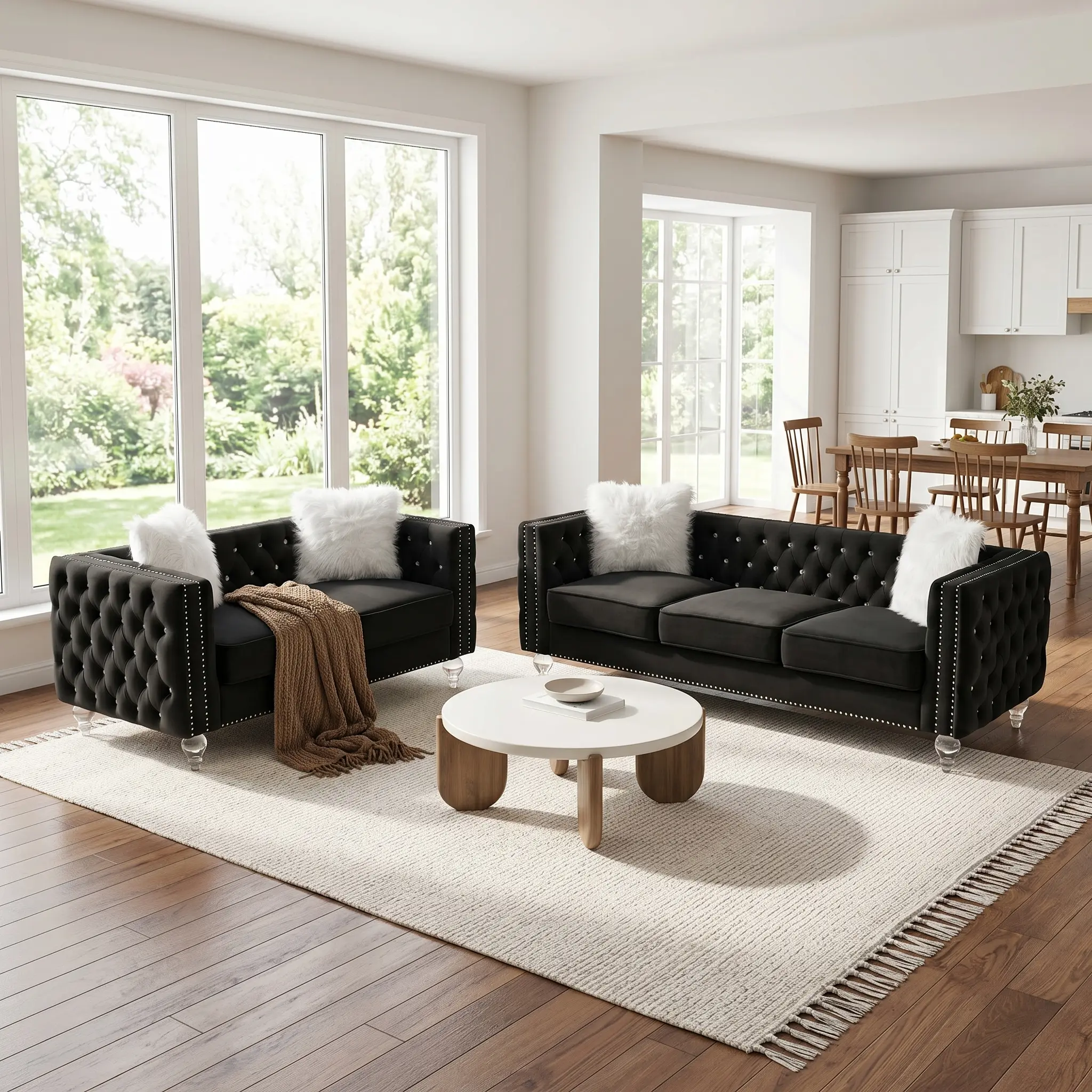 HIPIHOM Luxury Black Velvet Sofa Set - Elegant Tufted Chesterfield Loveseat & 3-Seater Couch, Nailhead Trim, Clear Acrylic Legs, Comfort Cushioning with Fluffy Pillows, Premium Living Room Furniture for Home Decor.,dorm essentials