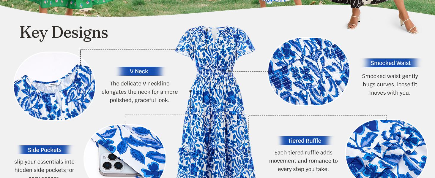 Wenrine Women‘s Summer Short Sleeve Maxi Dresses Casual Floral V Neck Smocked Tiered Flowy Boho Beach Sundress