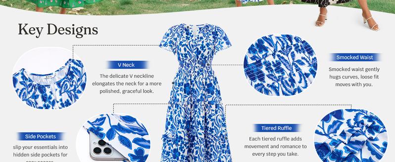 Wenrine Women‘s Summer Short Sleeve Maxi Dresses Casual Floral V Neck Smocked Tiered Flowy Boho Beach Sundress