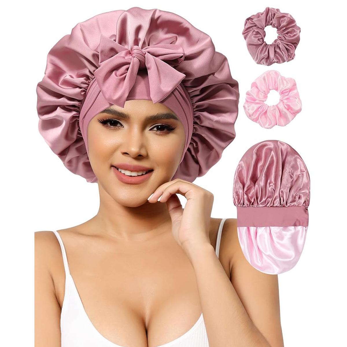 Double Layer Satin Bonnets for Women Reversible Sleep Cap with 2PCS Hair Scrunchies Elastic Tie Band Hair Bonnet Hair Wrap